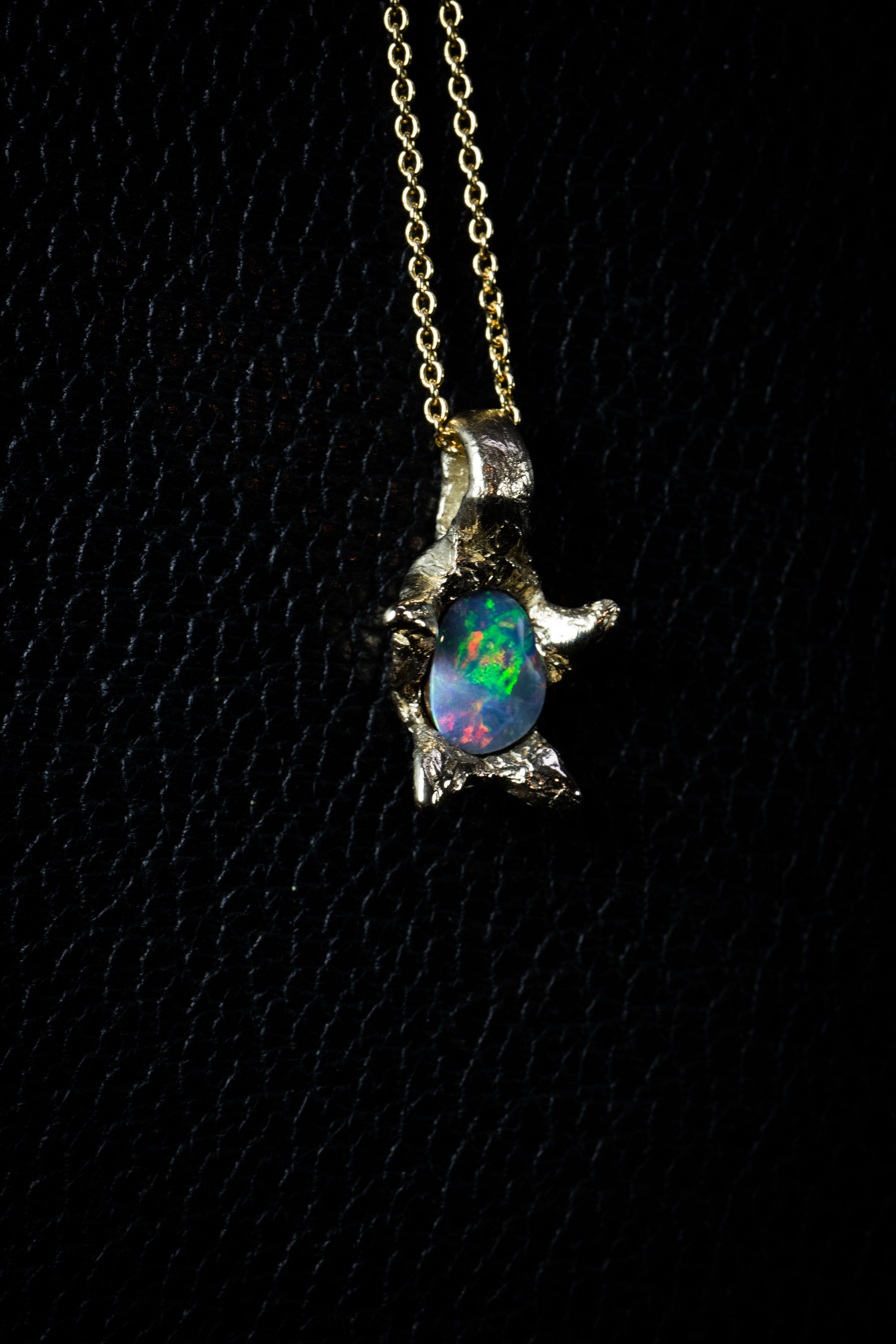Galaxy of Light (Genuine Australian Opal, 10K Yellow Gold Pendant)