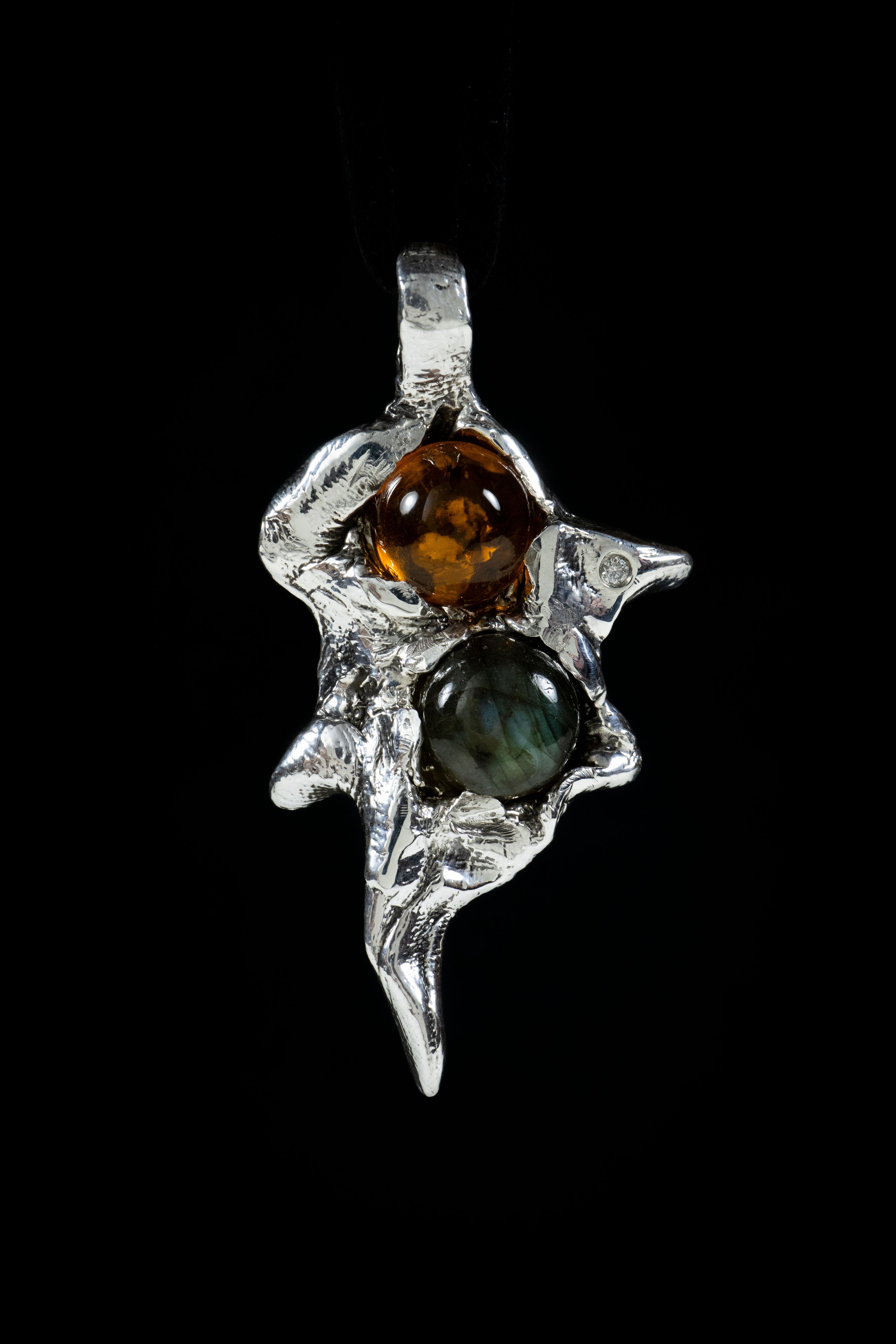 Fire and Water (Amber, Labradorite, Genuine Diamond, Sterling Silver Pendant)