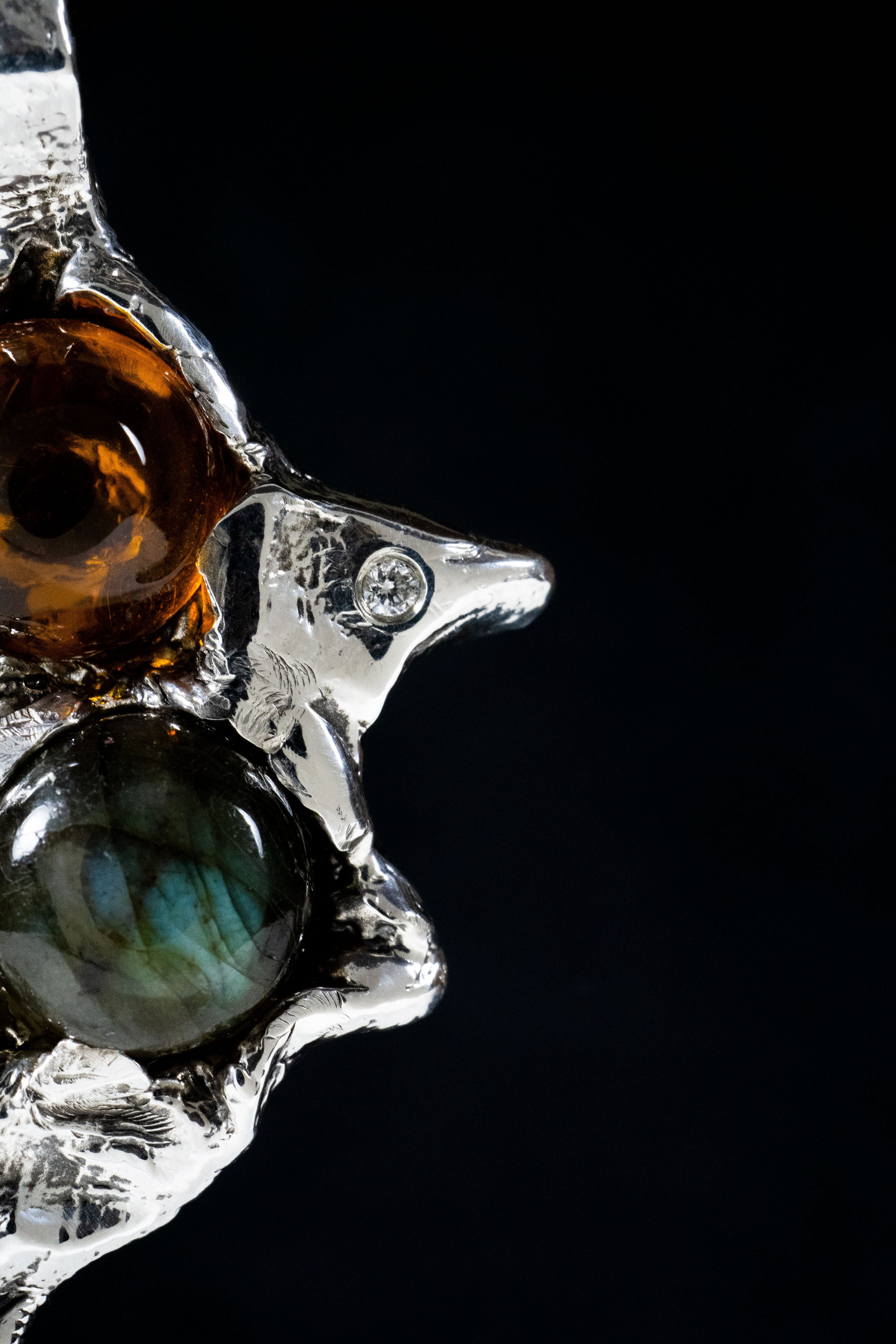 Fire and Water (Amber, Labradorite, Genuine Diamond, Sterling Silver Pendant)
